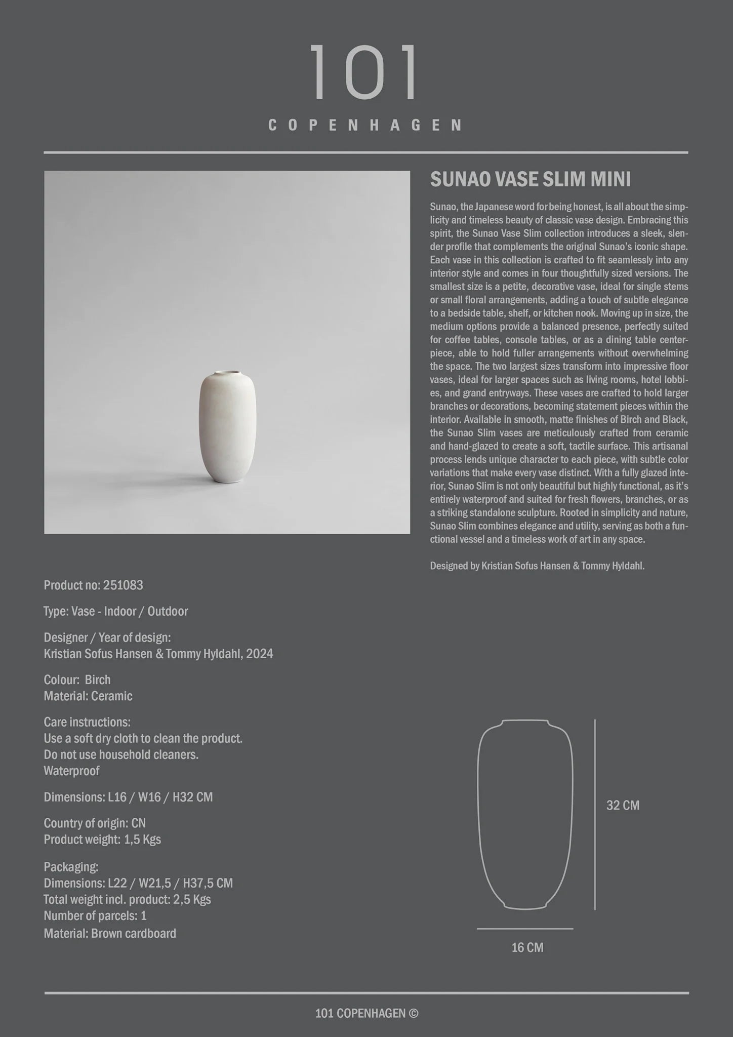 Sunao素直花瓶,細長小- 白樺色– 101 COPENHAGEN